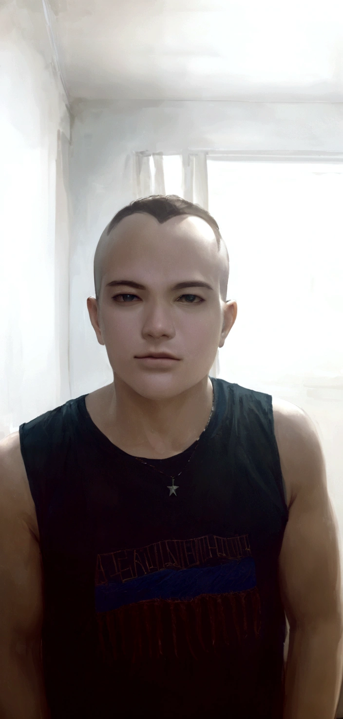 there is a man with a shaved head and a black shirt, cerca de 19 anos, tommy 1 6 anos, rosto raspado, André Rios, foto realista, 1 6 anos, 18 anos de idade, José Miguel remains French, Adim Kashin, retrato de um menino de 15 anos, rosto raspado, imagem frontal