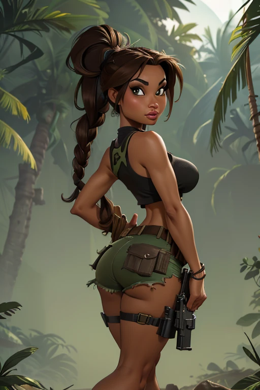 (masterpiece), best quality, expressive eyes, perfect face, (ancient ruins in deep jungle background), (standing), (smirk), (front view), (1girl, age 18+, Angelina Jolie, latina, dark skin, tanned skin, thick lips, brown hair, long hair, ponytail braid hairstyle, hazel eyes, hourglass figure, thin body, skinny body, large breasts, huge breasts, oppai, wide hips, big butt, round butt, thick thighs), (lara croft outfit, torn clothes, ripped clothes, black tanktop, croptop, sleeveless, torn green camouflage cargo minishorts, military belt with holster, military shoulder starps with holster),