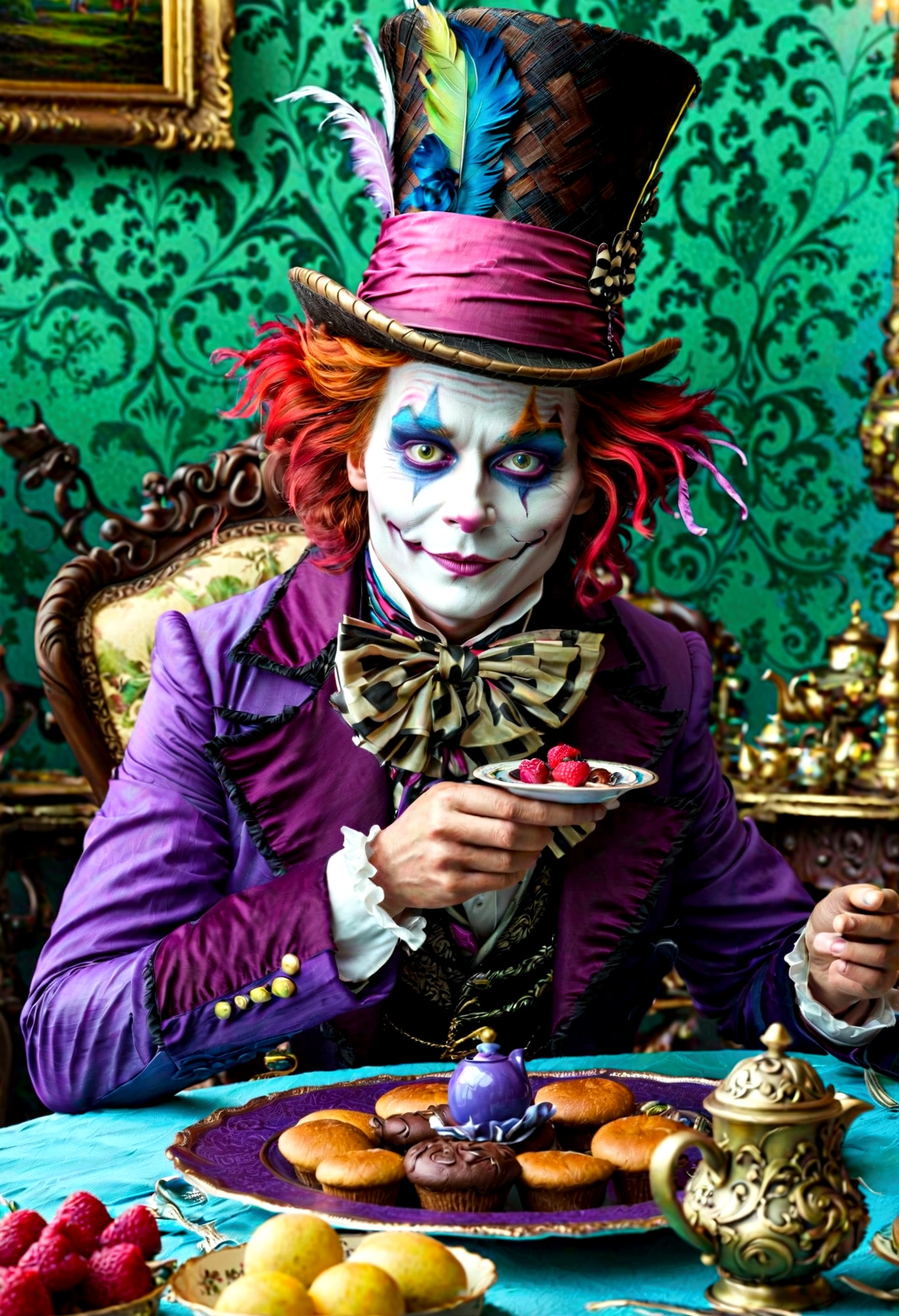 In this scene, the Mad Hatter from "Alice in Wonderland" is depicted in a state of disarray. His colorful, mismatched attire is tattered and dirty, and his iconic hat is worn and frayed. He sits at a table set for a tea party, but the cups and saucers are cracked and chipped, and the teapot is rusted and dented. The background shows a post-apocalyptic landscape, with crumbling buildings and twisted, dead trees. The sky is a dull, ashen color, with no sign of life or hope. Despite the bleakness of his surroundings, the Mad Hatter wears a wistful smile, as if reminiscing about better days long gone