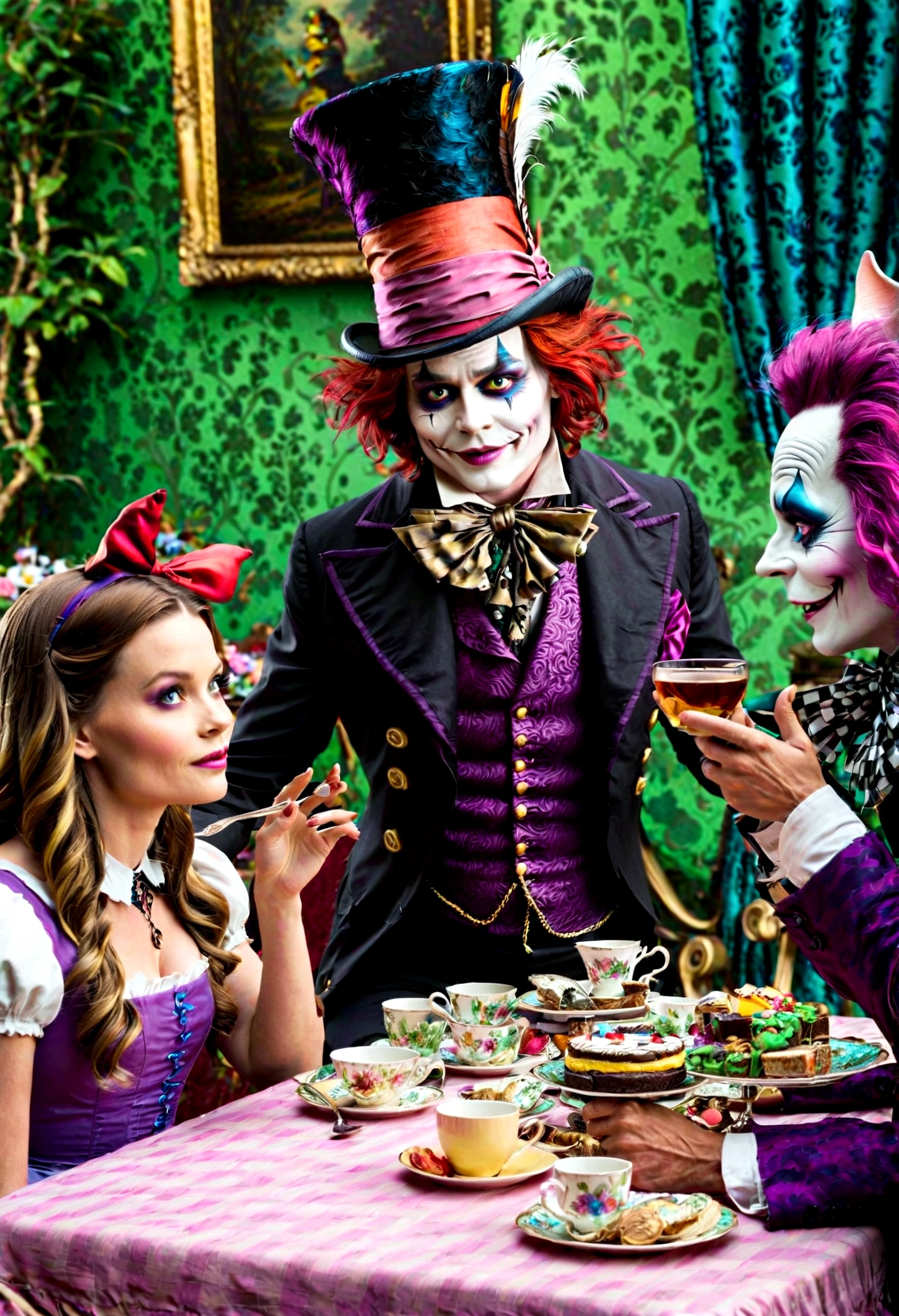 Scene from Alice in Wonderland at the tea table, with Alice (Mia Masikowska) and the Mad Hatter (Johnny Depp) in the center of the image. In the background the Cheshire cat, in the style of Tim Burton, Disney,TimBurton Animation