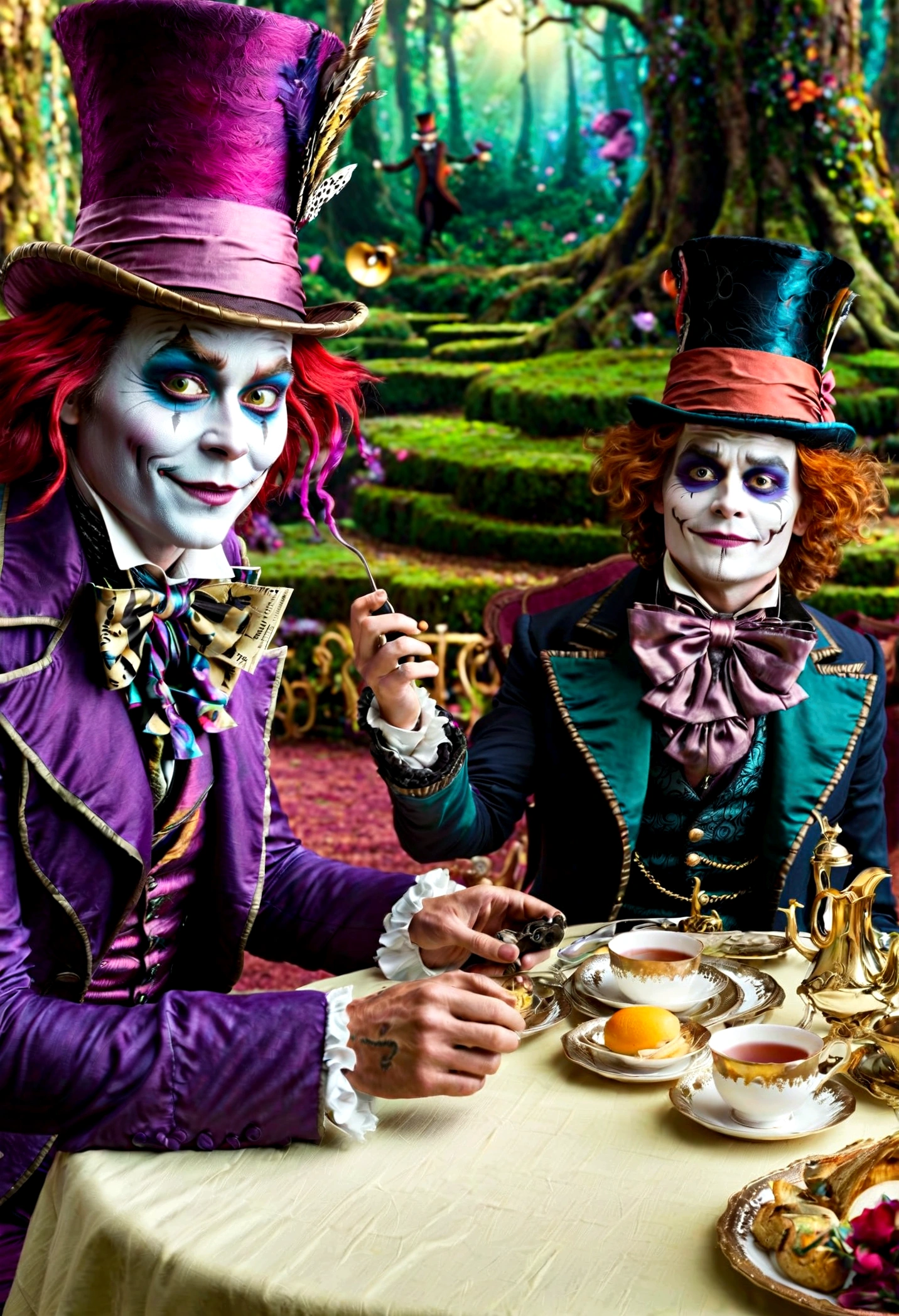Scene from Alice in Wonderland at the tea table, with Alice (Mia Masikowska) and the Mad Hatter (Johnny Depp) in the center of the image. In the background the Cheshire cat, in the style of Tim Burton, Disney,TimBurton Animation