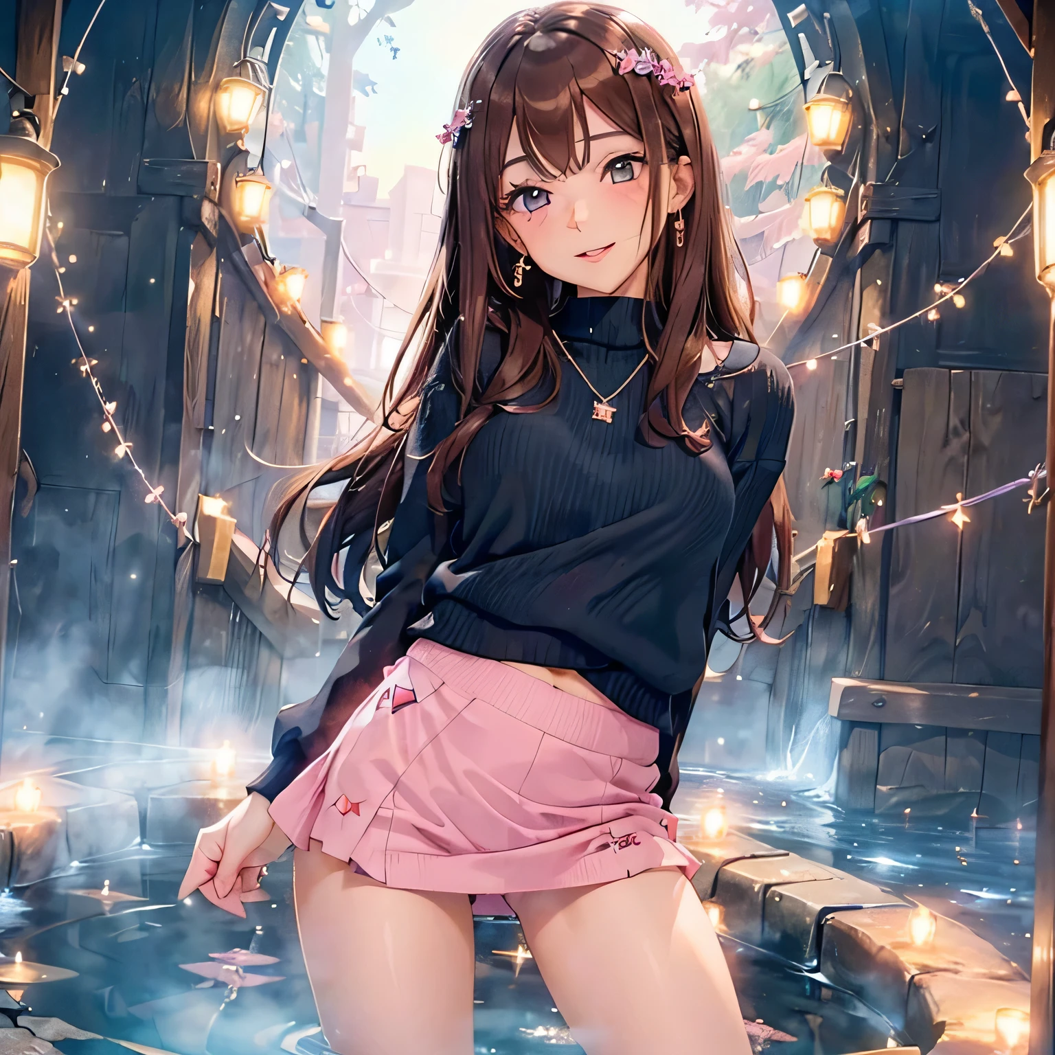 (masutepiece: 1.3), (max resolution: 1.2), (Ultra HDTV: 1.2), cinematric light, Ultra HDTV, (Detailed eyes and skin), (detailed facial features), nsfw, 8K resolution, Sharp Focus: 1.2, Perfect Style, Beautiful face, Perfect body, acurate, Anatomically correct, Highly detailed face and skin texture, Detailed eyes, Dark-blue eyes, Double eyelids, Thin eyebrows, Glitter Eyeliner: 1.2, Natural cheeks, Glossy skin, Fair skin: 1.2, shiny little necklace and earrings, (Glossy lips: 1.4), BREAK, One-person viewpoint, (She is a very cute female teacher), (Pink lace panties), (Seductive smile: 1.2), ((a Innocent and cute girl:1.3)), (Long Wave Hair), (ligh brown hair:1.2), (Cowboy Shot: 1.2), BREAK, ((Very intimate relationships: 1.2)), medium large breasts with stiff nipples, ((Looking at Viewer:1.2)), ((Hot spring trip:1.2)), ((standing, leaning a bit forward:1.2)),mid angle shot,FULL BODYSHOT Tight sweater with long sleeves in bright colors Tight denim mini skirt Embarrassed look Kamimei. 1 Girl. Blushing.
