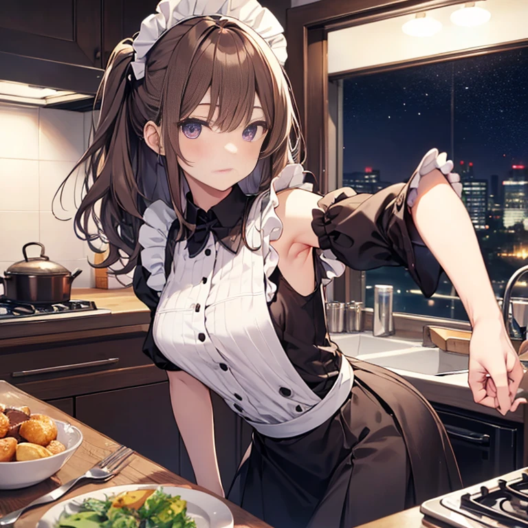 A maids, (in kitchen), various hair styles, night, details face, short skirt, seducing, sleeveless, maid uniform, armpits