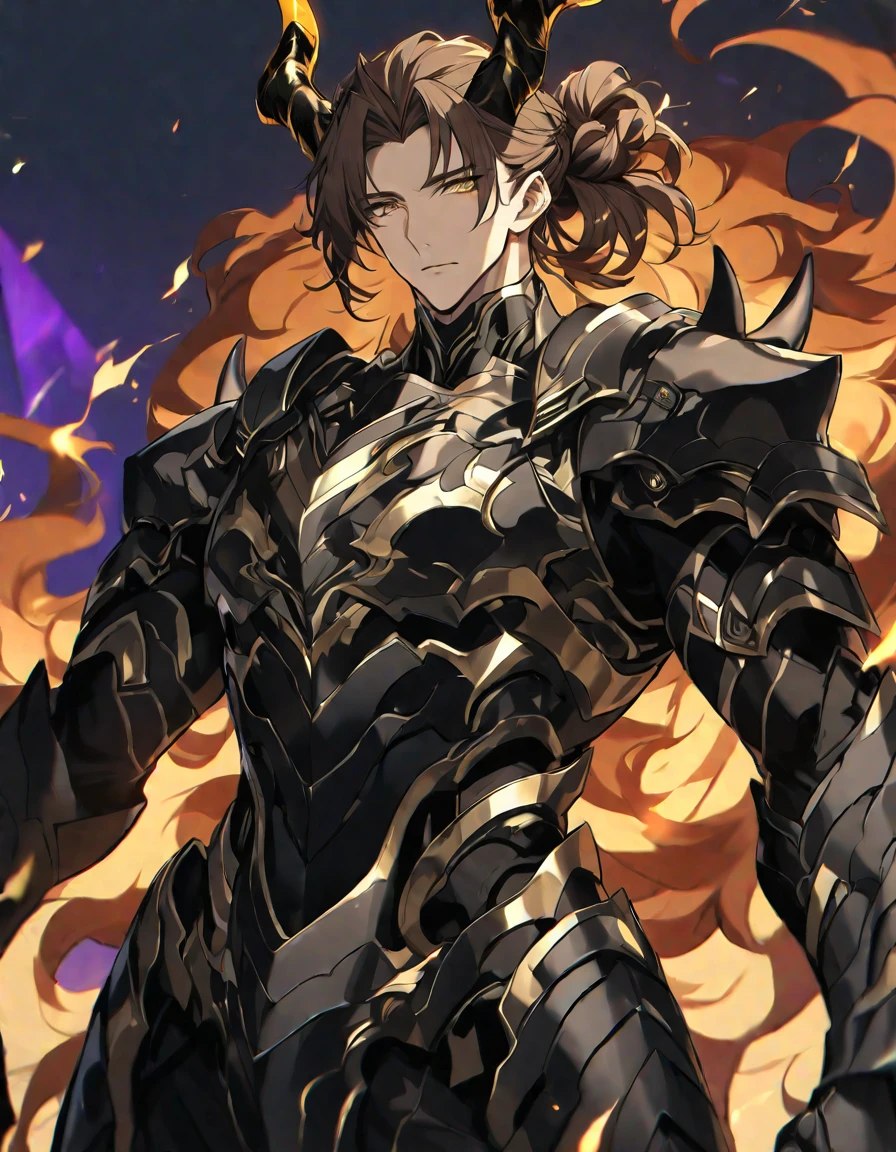 One, handsome, 1 man, with a model body, ultra black and super black detailed armor-suit with glowing gold details from under the armor, black horns, Fire horns, long hair, brown hair with bangs, tied hair, golden eyes, black threads, black light