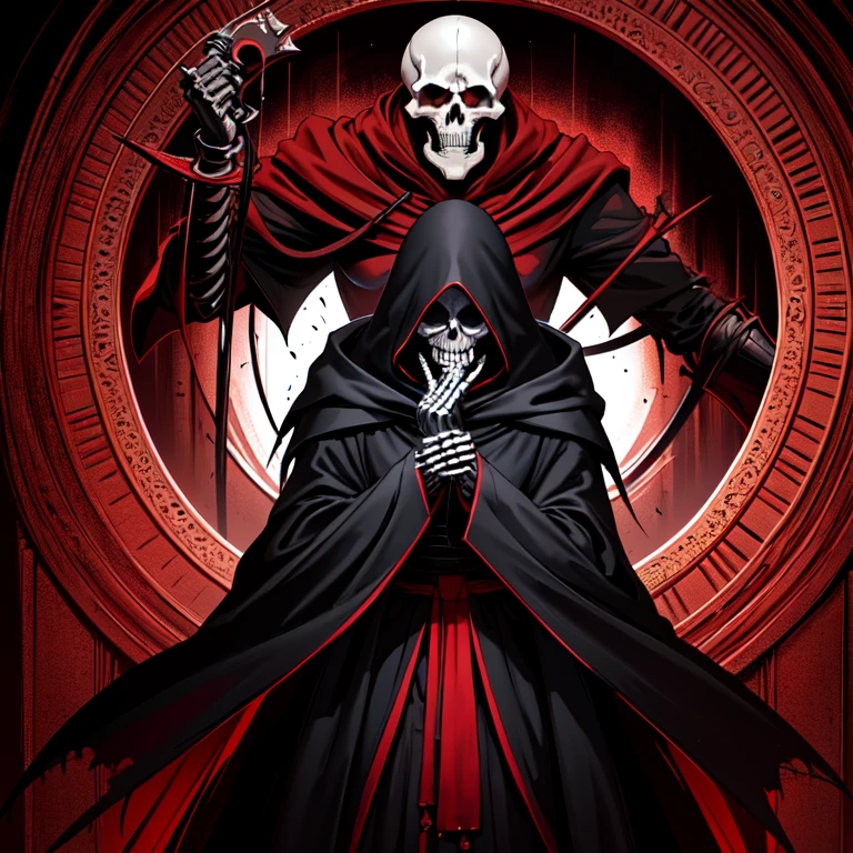 arafed image of a skeleton dressed in a black robe and a red cross, beautiful male god of death, dark but detailed digital art, reaper from overwatch, evil death, d & d lich, portrait of the god of death, hooded skull, grim reaper, he-man with a dark manner, portrait of a god of death, portrait of grim reaper