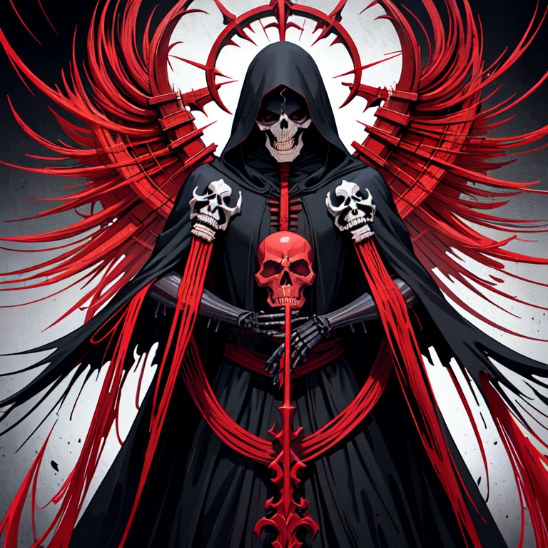 arafed image of a skeleton dressed in a black robe and a red cross, beautiful male god of death, dark but detailed digital art, reaper from overwatch, evil death, d & d lich, portrait of the god of death, hooded skull, grim reaper, he-man with a dark manner, portrait of a god of death, portrait of grim reaper