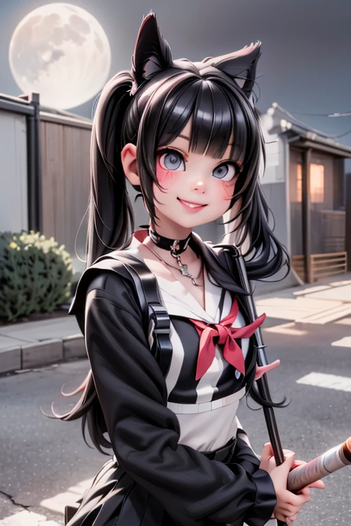 a rebel schoolgirl, crazy smile, insane look, (red smokey eyes make)up), face scar, punk schoolgirl clothing, choke, wrist bands, white socks, black soldier boots, pigtails, hairbows, holding a cane, school backyard at night, night scene, moon at background