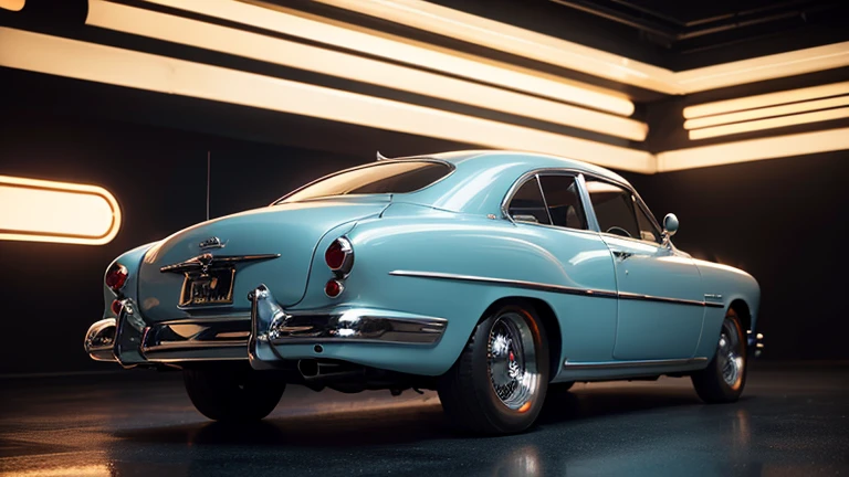 1950s luxury sedan, retro futuristic car, rear view, highly detailed, photorealistic, 8k, hyperrealistic, exquisite details, stunning design, chrome accents, sleek body, dynamic pose, cinematic lighting, dramatic shadows, vibrant colors, retrofuturistic, sci-fi, masterpiece