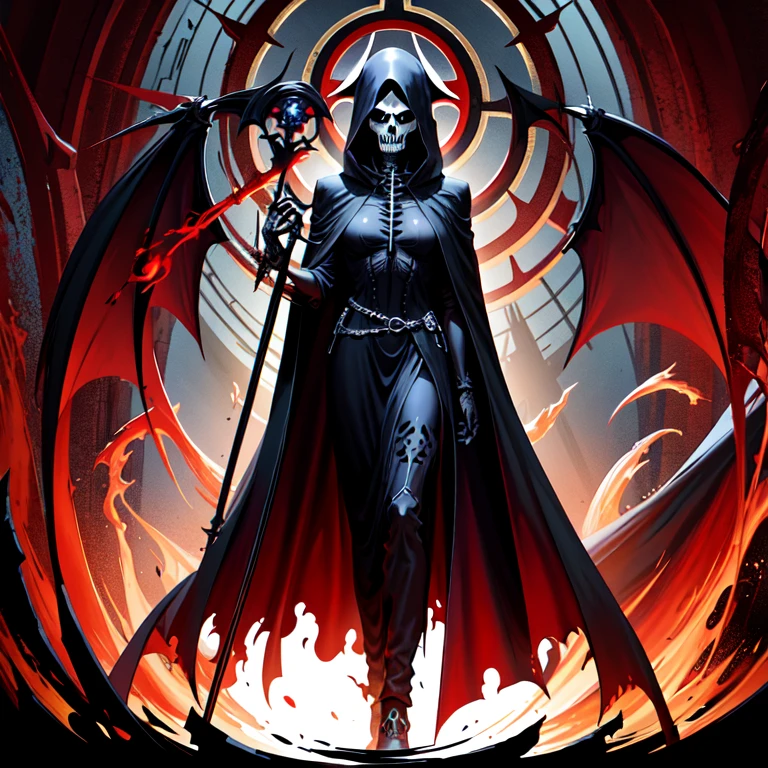 arafed image of a skeleton dressed in a black robe and a red cross, digital art by Anne Stokes, trending on Artstation, gothic art, beautiful male god of death, dark but detailed digital art, reaper from overwatch, evil death, d & d lich, portrait of the god of death, hooded skull, grim reaper