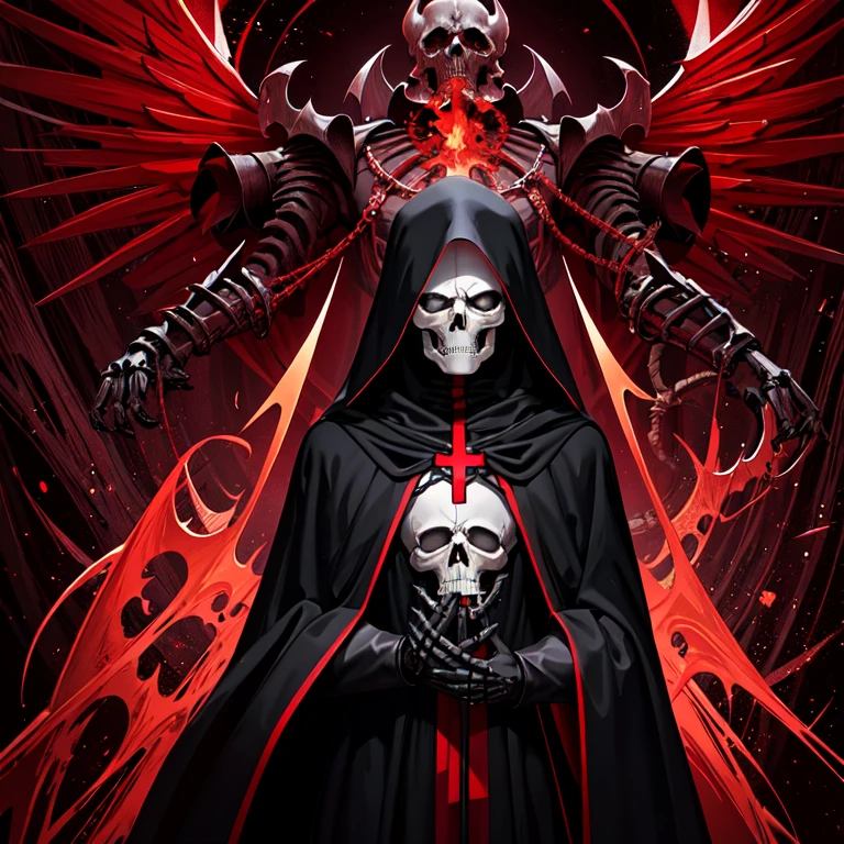 arafed image of a skeleton dressed in a black robe and a red cross, digital art by Anne Stokes, trending on Artstation, gothic art, beautiful male god of death, dark but detailed digital art, reaper from overwatch, evil death, d & d lich, portrait of the god of death, hooded skull, grim reaper