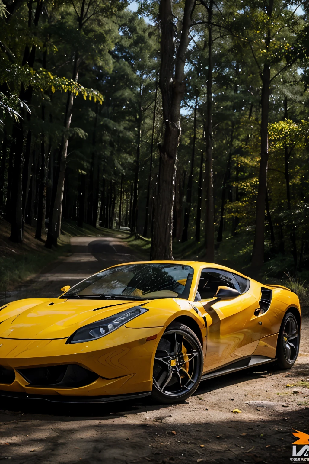 Un Ferrari de color amarillo derrapando en una curva de noche en un bosque
