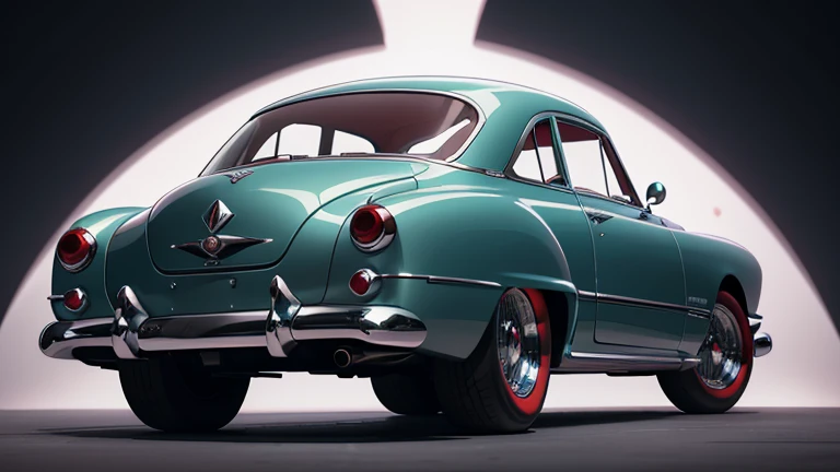 1950s luxury sedan, retro futuristic car, rear view, highly detailed, photorealistic, 8k, hyperrealistic, exquisite details, stunning design, chrome accents, sleek body, dynamic pose, cinematic lighting, dramatic shadows, vibrant colors, retrofuturistic, sci-fi, masterpiece