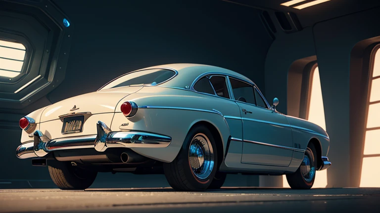 1950s luxury sedan, retro futuristic car, rear view, highly detailed, photorealistic, 8k, hyperrealistic, exquisite details, stunning design, chrome accents, sleek body, dynamic pose, cinematic lighting, dramatic shadows, vibrant colors, retrofuturistic, sci-fi, masterpiece