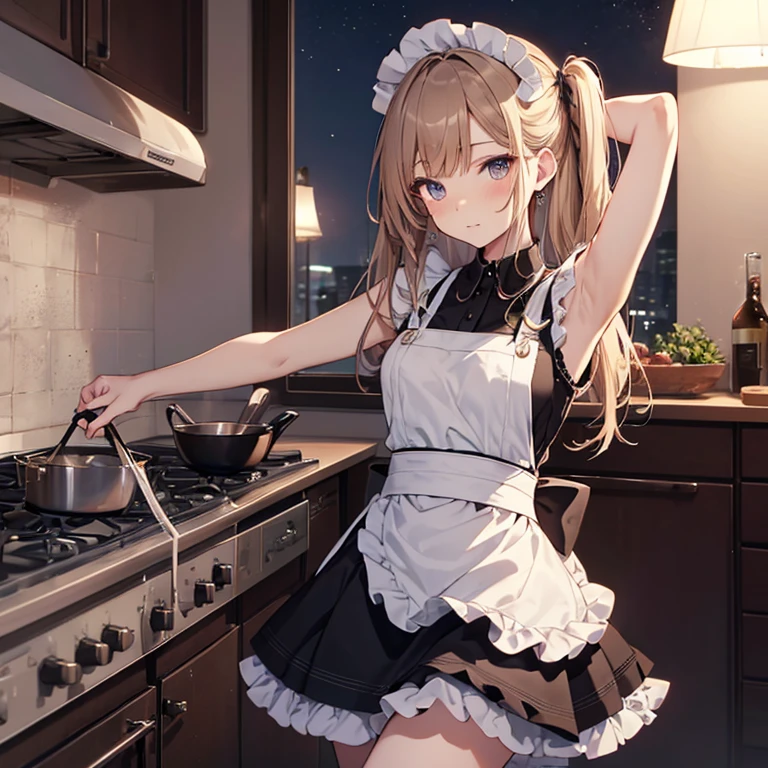 A maids, (in kitchen), various hair styles, night, details face, short skirt, seducing, sleeveless, maid uniform, armpits