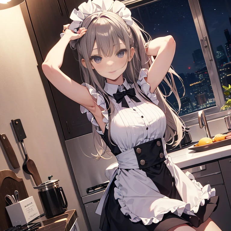 A maids, (in kitchen), various hair styles, night, details face, short skirt, seducing, sleeveless, maid uniform, armpits