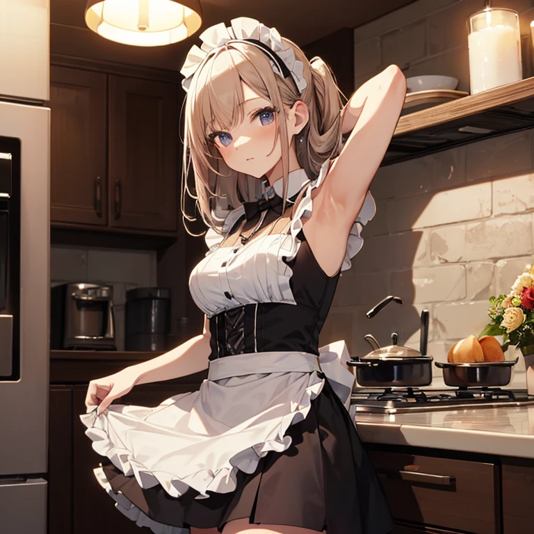 A maids, (in kitchen), various hair styles, night, details face, short skirt, seducing, sleeveless, maid uniform, armpits