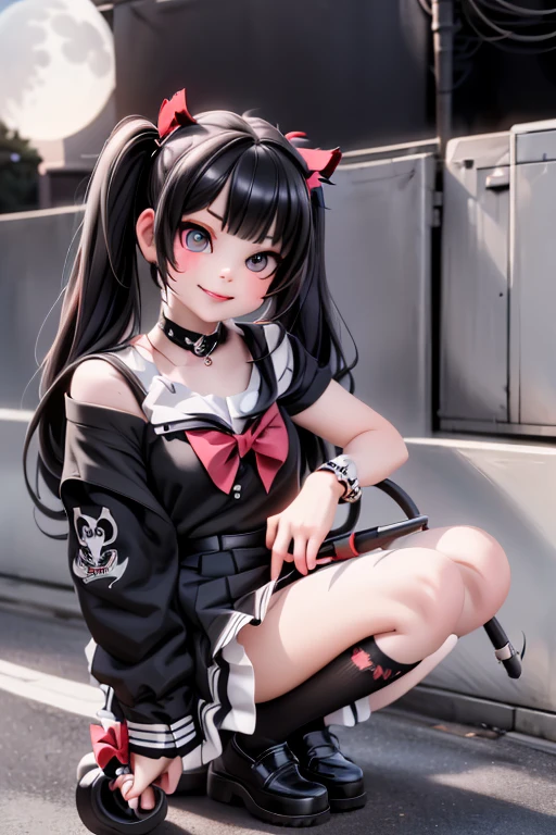 a rebel schoolgirl, evil smile, evil look, (red smokey eyes make)up), face scar, punk schoolgirl clothing, choke, wrist bands,  white socks, footwear black mary_janes, pigtails, hairbows, holding a cane,  school backyard at night, night scene, moon at background