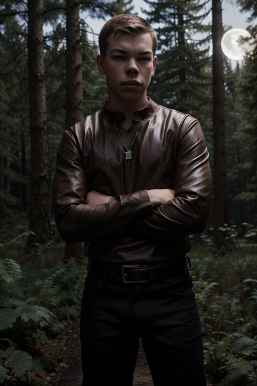 Will Poulter, Gally, Wolf, 18 years old, short messy brown blonde hair, green eyes, red shirt with black collar, leather belt, dark black jeans, silver moon pendant, black jeans, black misty forest background.