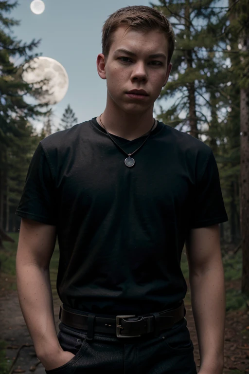 Will Poulter, Gally, Wolf, 18 years old, short messy brown blonde hair, green eyes, red shirt with black collar, leather belt, dark black jeans, silver moon pendant, black jeans, black misty forest background.