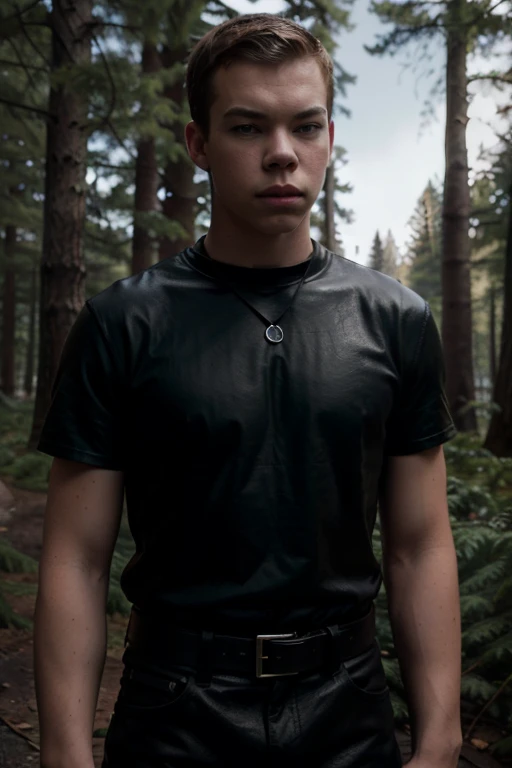 Will Poulter, Gally, Teen Wolf, 18 years old, short messy brown blonde hair, green eyes, red shirt with black collar, leather belt, dark black jeans, silver moon pendant, black jeans, black misty forest background.
