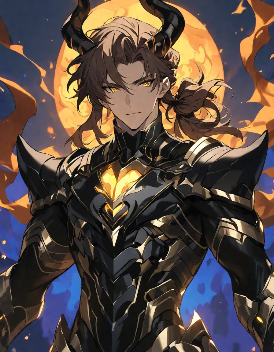 One, handsome, 1 man, with a easy model body, ultra black and super black detailed armor-suit with glowing gold details from under the armor, black horns, Fire horns, long hair, brown hair with bangs, tied hair, golden eyes, black threads, black light