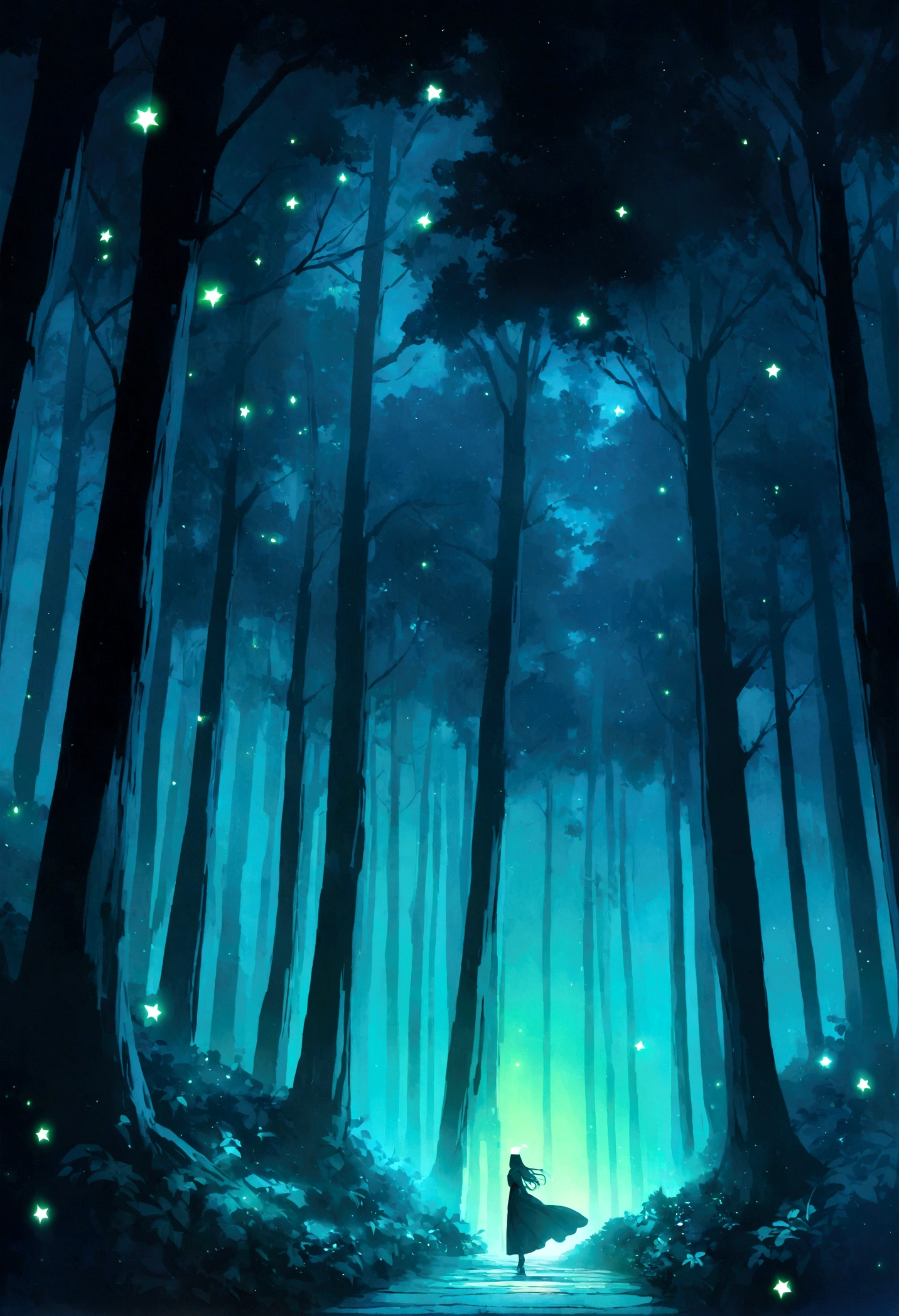Create an image of a lush forest filled with tall, imposing trees. The leaves of these trees are luminous, emitting a soft, ethereal glow that lights the path through the forest. The night sky above is dotted with twinkling stars, adding an extra layer of magic to the scene. The overall atmosphere should be serene and peaceful, convidando o observador a se perder na beleza do momento.