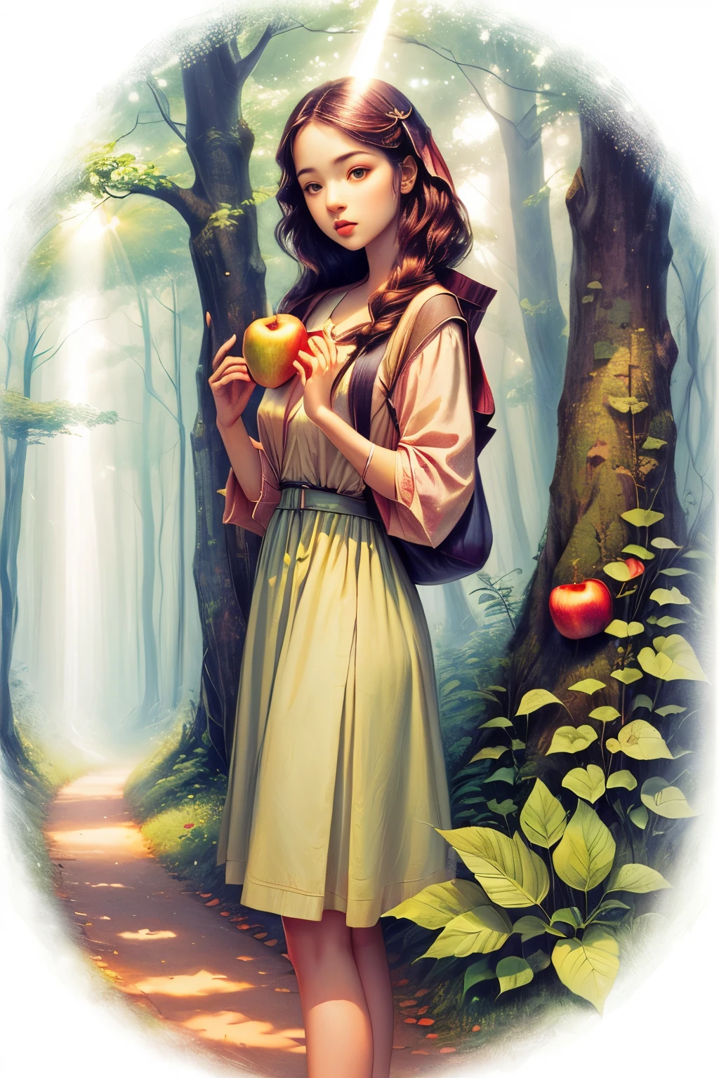 Girl holding an apple, dense forest, path, sun rays through foliage