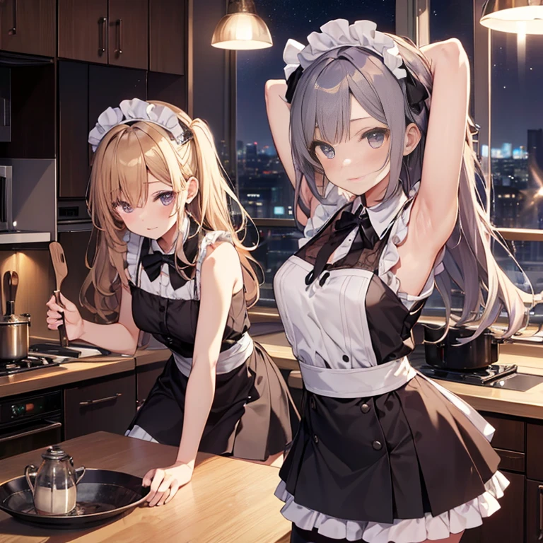 A maids, (in kitchen), various hair styles, night, details face, short skirt, seducing, sleeveless, maid uniform, armpits