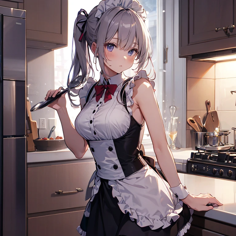 A maids, (in kitchen), various hair styles, night, details face, short skirt, seducing, sleeveless, maid uniform, armpits