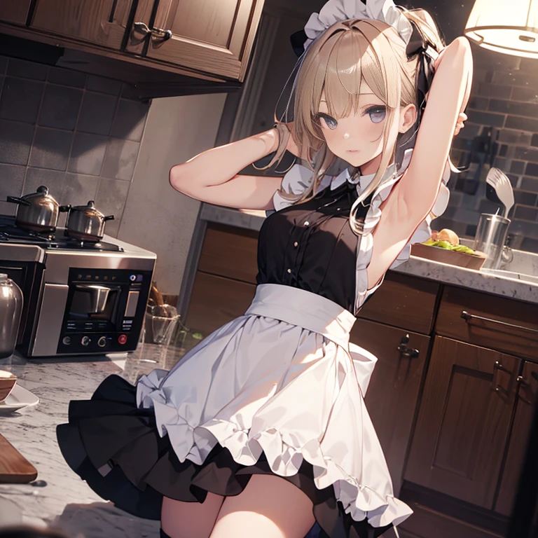 A maids, (in kitchen), various hair styles, night, details face, short skirt, seducing, sleeveless, maid uniform, armpits