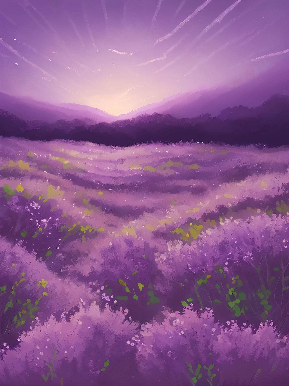 purple flowers in the foreground with a purple sky in the background, background art, violet sky, random background scene, purple sunset, purple hues, soft purple glow, twilight ; digital painting, background artwork, purple sky, soft lilac skies, at purple sunset, soft digital painting, floral sunset, mood painting, dawn background, purple mist, detailed digital painting, purple glow