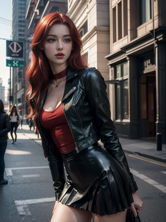 A girl, young, beautiful, ((photorealistic medium shot: 1.5)), long red hair, slim body, green eyes, black leather jacket, black pleated miniskirt, on a city street, masterpiece, high quality 8k, sharp focus
