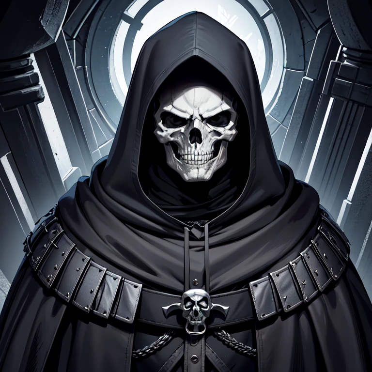a man in a hoodedie with a skull mask and a hood, unreal 5. rpg portrait, dark hooded wraith, dark cloaked necromancer, portrait of the old necromancer, portrait of the necromancer, dark robed, scary knight, crow skull knight helmet, portrait of a holy necromancer, hooded skull