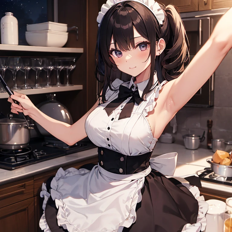 A maids, (in kitchen), various hair styles, night, details face, short skirt, seducing, sleeveless, maid uniform, armpits