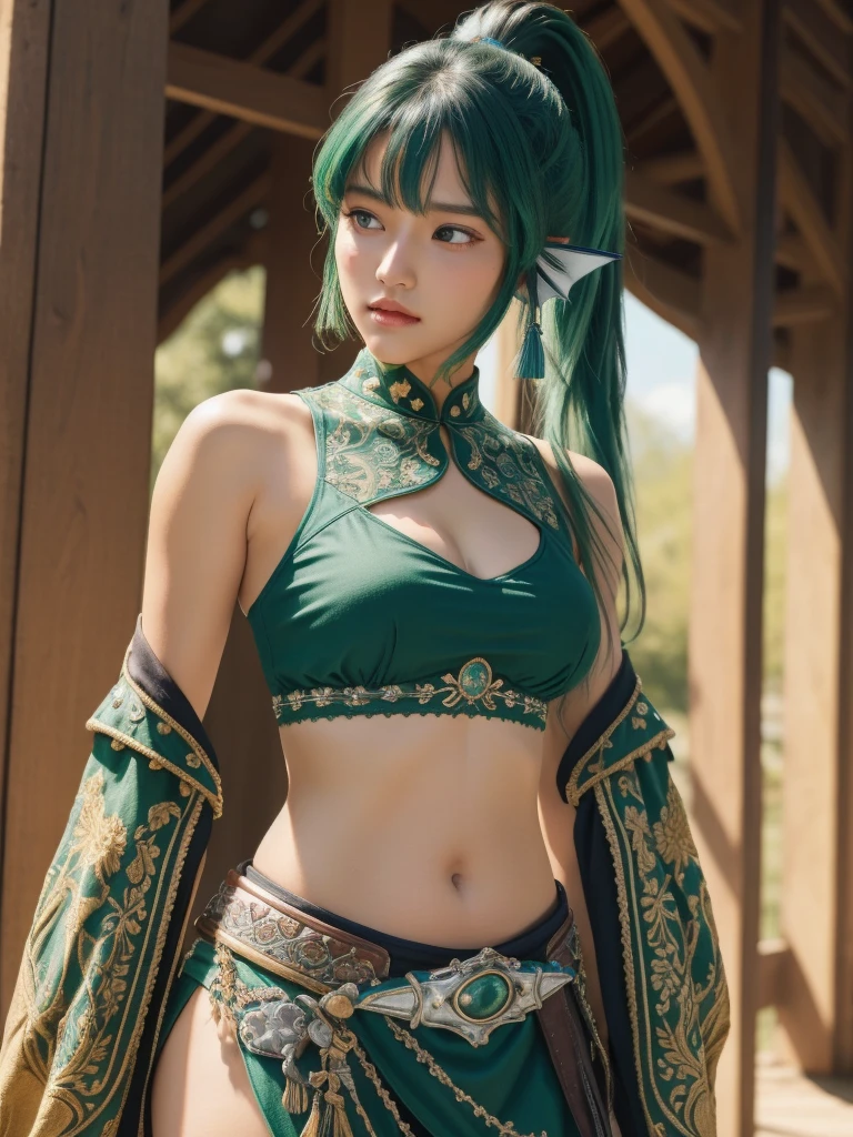 (masterpiece, best quality),  Intricate details, 
1 Girl,  Finana, (Cephalic fin:1.2), Ponytail, Green Hair, diaphragm, , Umbilical cord, long hair, looking at the audience, Crop Top, Cowboy shooting hair accessories, Medium breasts, Bangs,
 Anjanath (armor),