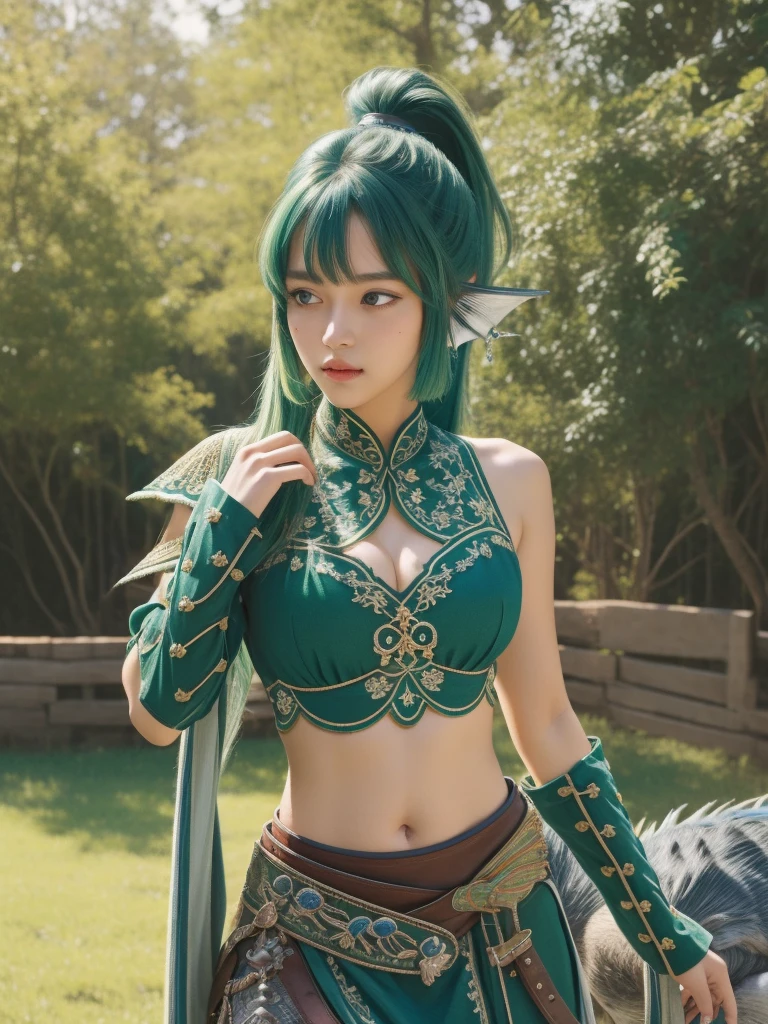 (masterpiece, best quality),  Intricate details, 
1 Girl,  Finana, (Cephalic fin:1.2), Ponytail, Green Hair, diaphragm, , Umbilical cord, long hair, looking at the audience, Crop Top, Cowboy shooting hair accessories, Medium breasts, Bangs,
 Anjanath (armor),