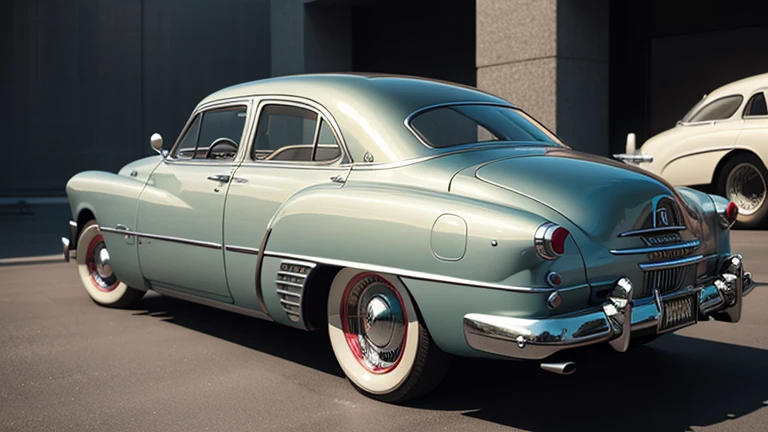 1950s luxury sedan, retro futuristic car, rear view, highly detailed, photorealistic, 8k, hyperrealistic, exquisite details, stunning design, chrome accents, sleek body, dynamic pose, cinematic lighting, dramatic shadows, vibrant colors, retrofuturistic, sci-fi, masterpiece