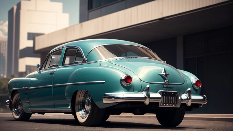 1950s luxury sedan, retro futuristic car, rear view, highly detailed, photorealistic, 8k, hyperrealistic, exquisite details, stunning design, chrome accents, sleek body, dynamic pose, cinematic lighting, dramatic shadows, vibrant colors, retrofuturistic, sci-fi, masterpiece