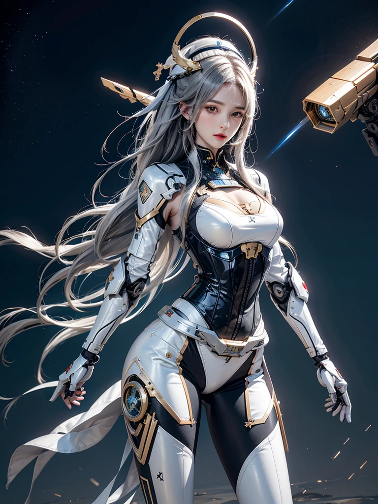 Reality, high resolution, 1 female, Become a, Solitary, Hip lift, robot, Mecha Maiden,Mechanical Parts, joints,Single robotic arm, hat, Mechanical Halo,Hello Stars,Complex mechanical tights, Mecha Corset, fully armed, White mecha body