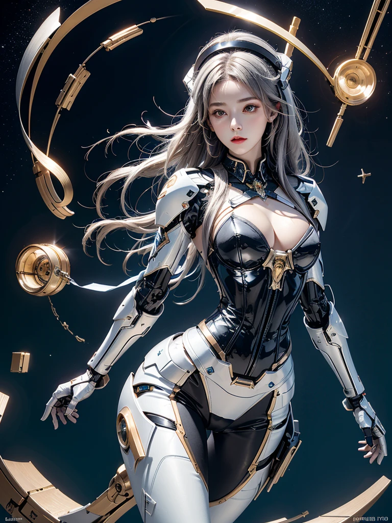 Reality, high resolution, 1 female, Become a, Solitary, Hip lift, robot, Mecha Maiden,Mechanical Parts, joints,Single robotic arm, hat, Mechanical Halo,Hello Stars,Complex mechanical tights, Mecha Corset, fully armed, White mecha body