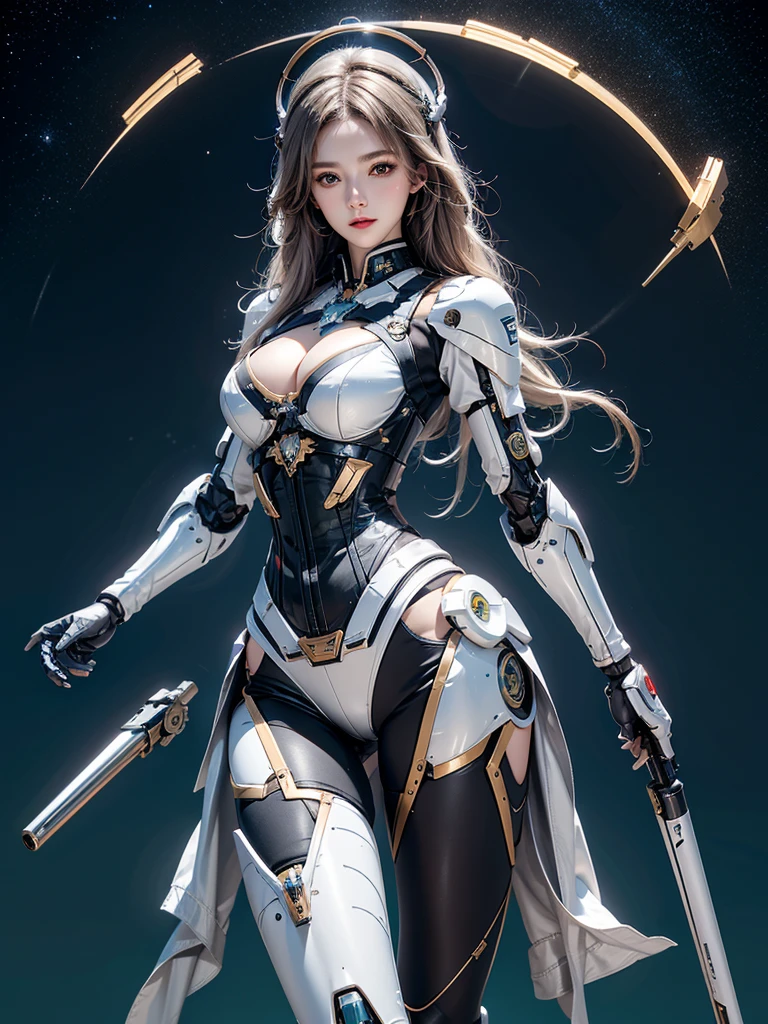 Reality, high resolution, 1 female, Become a, Solitary, Hip lift, robot, Mecha Maiden,Mechanical Parts, joints,Single robotic arm, hat, Mechanical Halo,Hello Stars,Complex mechanical tights, Mecha Corset, fully armed, White mecha body