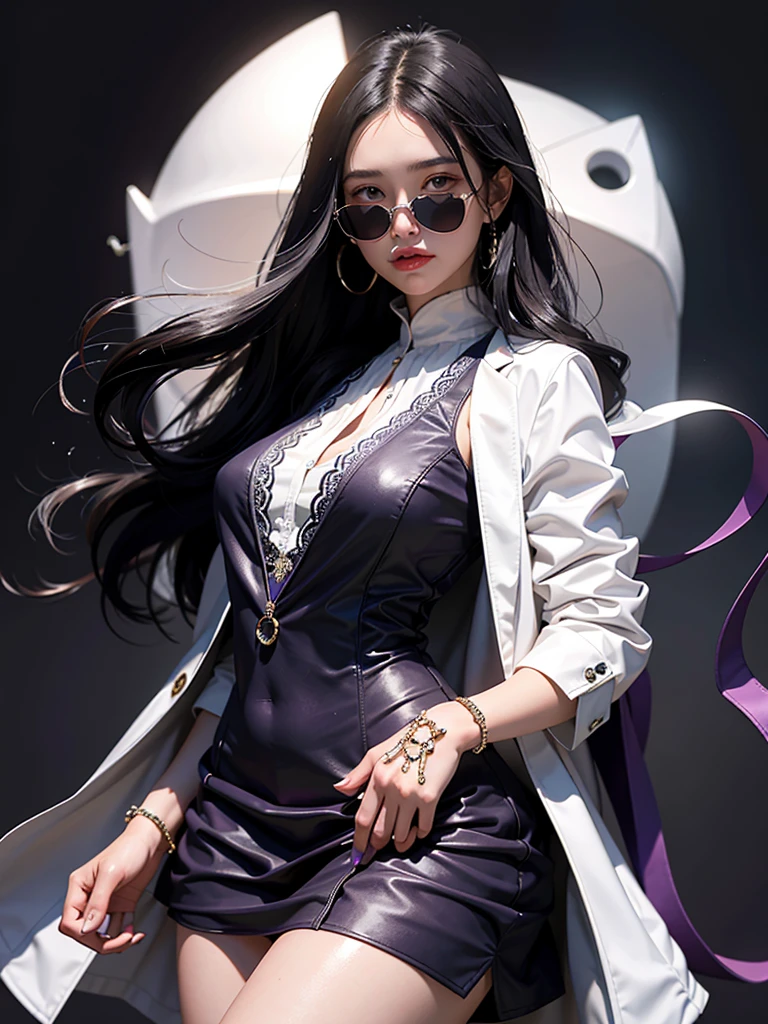 A 25-year-old girl, Long black hair draped down her back, Wearing a long purple jacket and a white vest. In her hands, She holds a half-frame, Just like posing for a photo. coat, Decorated with intricate details, It forms a sharp contrast with the simple white vest and the girl's fair skin.. The fitted jacket accentuated her curvaceous figure, She's wearing a space suit helmet, Adding a touch of mystery to her appearance. The scene is set against a star-studded sky, Suggesting that the girl might be an astronaut or space explorer. picture, It is captured