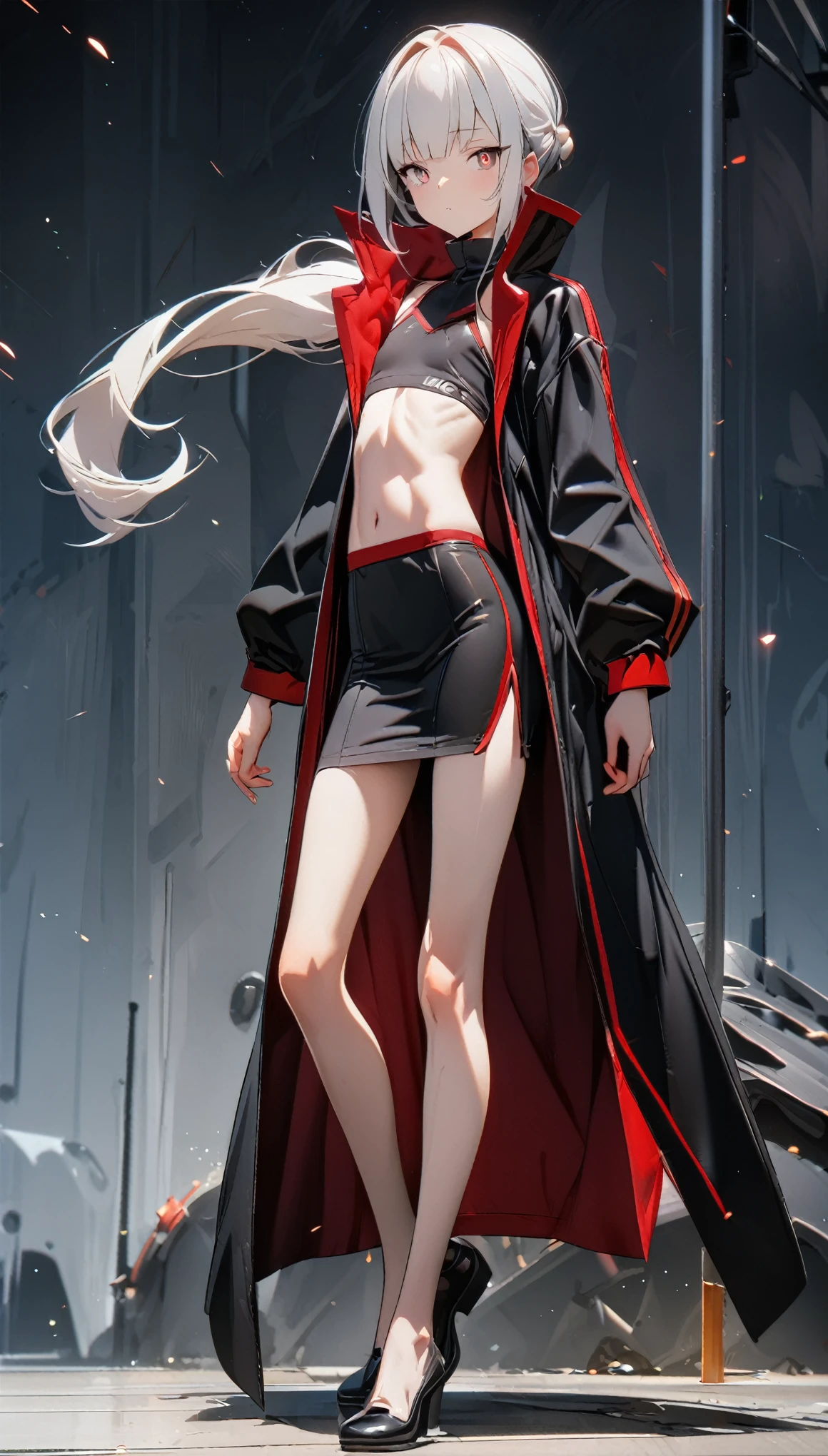 (8k, best quality, masterpiece:1.2),\(Eye details\),\(Facial features details\),(\(Clothes details details\)\),(1 girl:1.3),solo,full body,silicon dioxide,17 years old,195cm height,white hair,hair detail,single ponytail,(Silver color hair fluttering in the wind),middles bangs,[Red left eye｜Black right eye]detail pupil.Slim and lean figure,flat chest,(Black sportswear with red trim:1.3),(Black coat with high collar:1.25),Skirt,Long legs,thin thigh,Men&#39;s style
