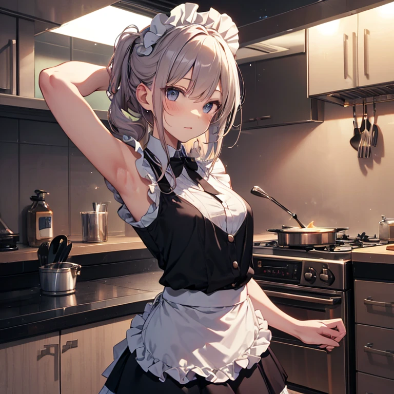 A maids, (in kitchen), various hair styles, night, details face, short skirt, seducing, sleeveless, maid uniform, armpits
