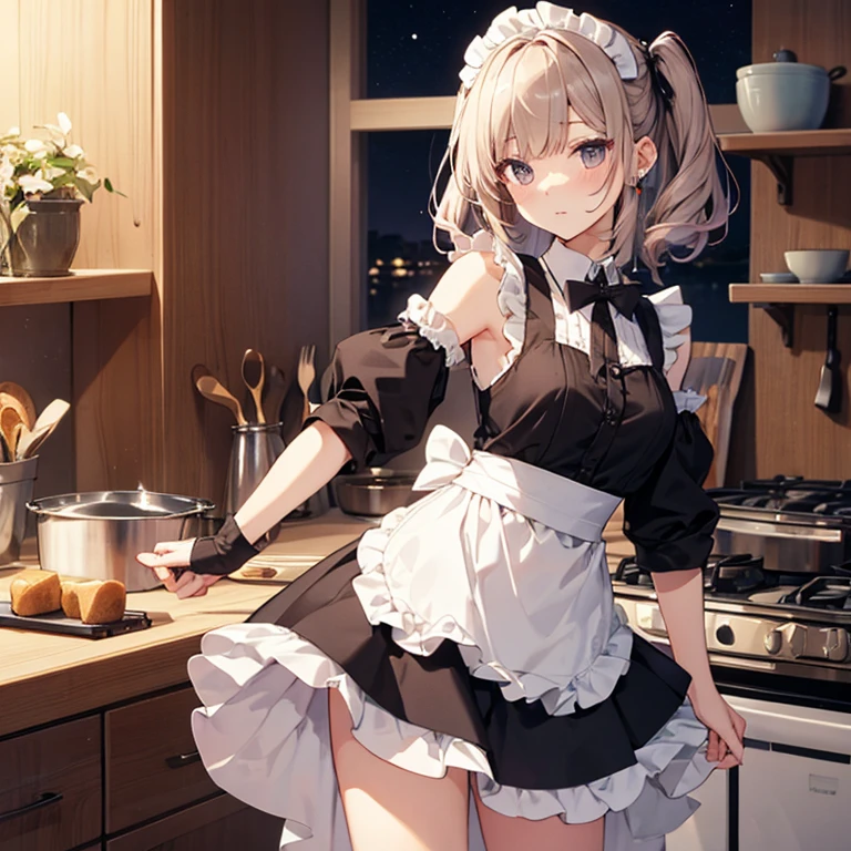 A maids, (in kitchen), various hair styles, night, details face, short skirt, seducing, sleeveless, maid uniform, armpits