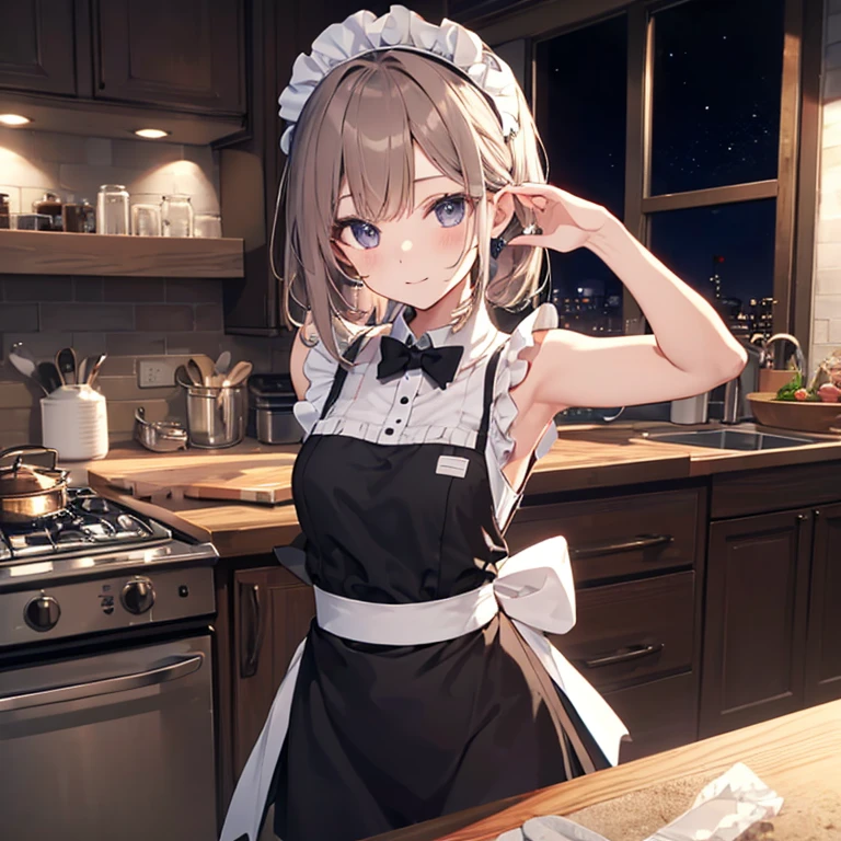 A maids, (in kitchen), various hair styles, night, details face, short skirt, seducing, sleeveless, maid uniform, armpits