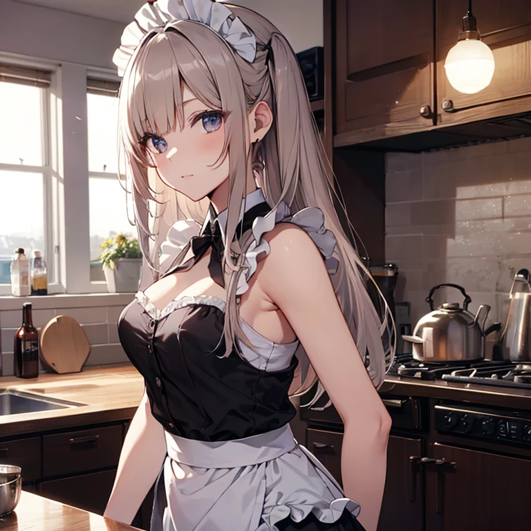 A maids, (in kitchen), various hair styles, night, details face, short skirt, seducing, sleeveless, maid uniform, armpits