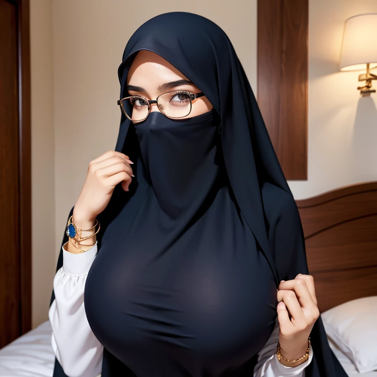 1 girl, silk hijab, wearing only a leopard pattern corset, fishnet pantyhose, fishnet long gloves, polished nails, vibrant juicy lips, makeup, tattoos, belly piercing, pussy piercing, naked, riding a big dick, doing anal, in a cowgirl position, inside a temple, shot from behind, she winks with her eyes, while she looks at the viewer, the place full of mist, heavenly scenery, sexy woman, large breasts,big hips, rounded big ass