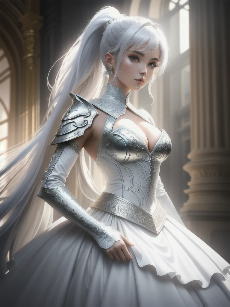 masterpiece, Ultra-detailed photography of a gorgeous humanoid dragon male, 1 Girl, (((21 year old girl))), perfectly drawn face, Wearing luxurious white armor, Luxury gloves, 8k resolution, Reality, Ultra-high quality, Gorgeous detailed background, 32k, Long white hair, Messy Ponytail, Full lips, Curvy man, Perfect anatomical structure, movie lighting, Complex details, White four colors, Volumetric Lighting