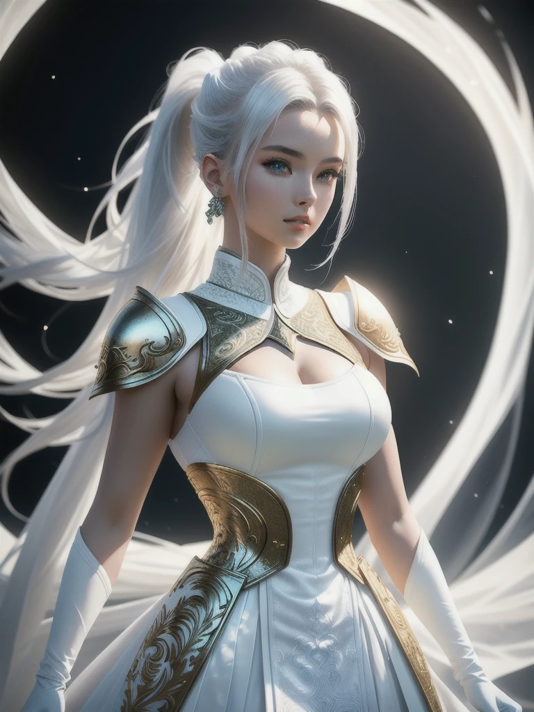 masterpiece, Ultra-detailed photography of a gorgeous humanoid dragon male, 1 Girl, (((21 year old girl))), perfectly drawn face, Wearing luxurious white armor, Luxury gloves, 8k resolution, Reality, Ultra-high quality, Gorgeous detailed background, 32k, Long white hair, Messy Ponytail, Full lips, Curvy man, Perfect anatomical structure, movie lighting, Complex details, White four colors, Volumetric Lighting